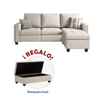 Sofá seccional Kil + banqueta baúl de regalo color Hueso